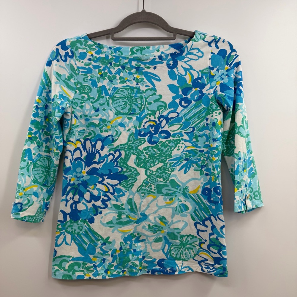 Lilly Pulitzer Juline Top Resort White Blue Floral XS Boatneck Tee